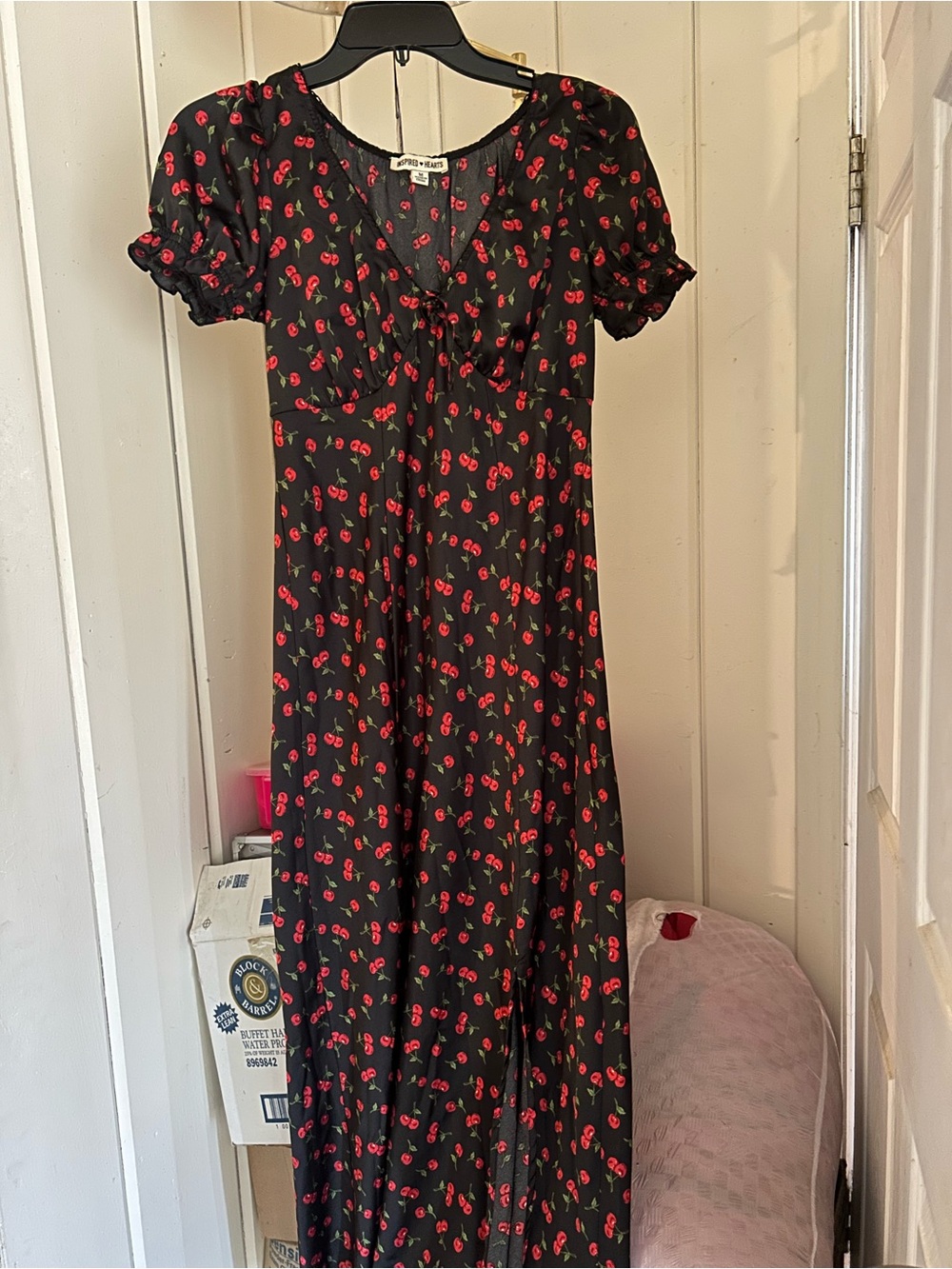 Inspired Hearts Black Maxi Dress with Red Cherry Print